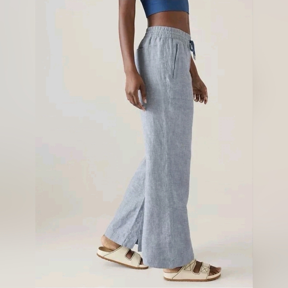 ATHLETA 100% LINEN Chambray Blue RETREAT Slit WIDE LEG Pants Sz 14 - Picture 2 of 16